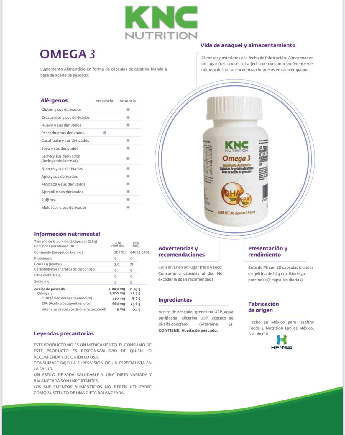 Omega 3 de pescado 60 Cápsulas de 1100 mg. Ingredientes naturales: Alta Concentración de Aceite puro de pescado (EPA - DHA). Omega 3 KNC fish oil. Nutrition.