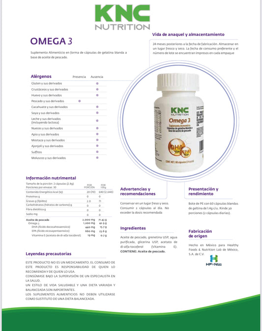 Omega 3 de pescado 60 Cápsulas de 1100 mg. Ingredientes naturales: Alta Concentración de Aceite puro de pescado (EPA - DHA). Omega 3 KNC fish oil. Nutrition.